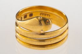 An 18ct gold Victorian snake ring, UK hallmark, London, 1873, size M, 4.9grams.