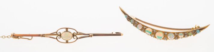 Two opal set brooches, including a crescent shaped brooch set with graduated opal cabochons,