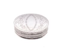 A George III silver snuff box by John Thornton, Birmingham 1798, of oval form, with pull off lid,
