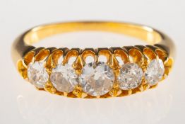 A Victorian five stone diamond ring, set with five graduated old-cut diamonds, diamonds approx. 0.