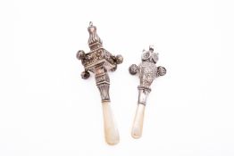 A George V silver owl shaped baby rattle maker's mark rubbed out, Birmingham 1913,