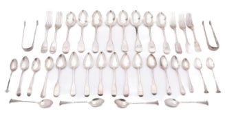 A mixed group of silver flatware mostly Fiddle pattern including; eight dessert spoons,