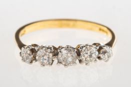 A five stone diamond ring, claw set with five graduated older-cut diamonds, diamonds approx. 0.