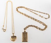 Two pendants with chains, including a 9ct gold ingot pendant, UK hallmark, length approx. 3.