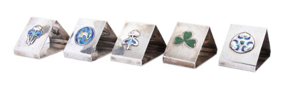 A set of five Arts and Crafts silver and enamel napkin rings by E Jacobs & Son, Birmingham 1905,