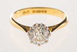An 18ct gold diamond solitaire ring, claw set with an old-European cut diamond, diamond approx. 1.