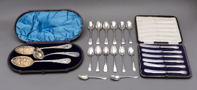 A mixed group of silver and silver plate including;