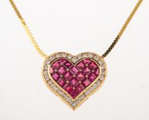 A ruby and diamond heart pendant with chain,