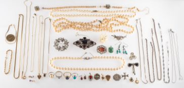 A mixed group of costume and silver jewellery, including a boxed string of Majorica pearls,