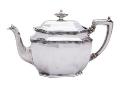 A Edward VII silver tea pot marks almost rubbed out, Birmingham 1908, of canted rectangular form,