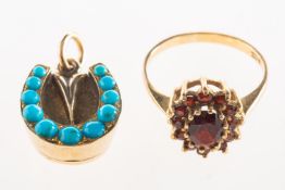 Two items of jewellery, including a garnet set cluster ring, marked 9ct, size M1/2 to N, 2.