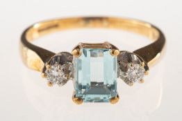 A 9ct gold aquamarine and diamond ring, with a rectangular-cut aquamarine, approx. 1.