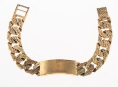 A heavy identity bracelet, with plain central identity panel and textured flat curb links,