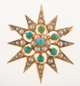 A Victorian star brooch, claw and grain set with turquoise cabochons, split pearls and seed pearls,