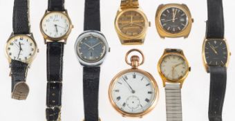 A quantity of gentlemen's wristwatches and a gold plated pocket watch to include gold-plated and