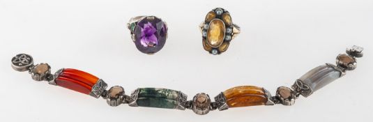 A Scottish gem-set bracelet and two gem-set rings,
