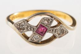 An Art Deco ring, set with a square-cut red stone and four single-cut diamonds, marked 18ct & PLAT,