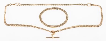 A watch chain and bracelet, a graduated curb link watch chain with two swivel clasps and a T-bar,