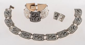 A mid-century Scandinavian silver & enamel matching necklace, bracelet and earrings,