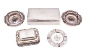 A mixed group of silver including; a pair of Celtic design ashtrays by Reid & Sons Ltd,