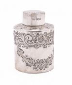 A Victorian silver tea caddy by Atkin Brothers, Sheffield 1893, of circular form, with pull off lid,