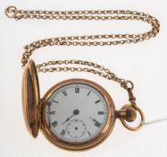 An Edwardian gold-plated full hunter pocket watch, the white enamel dial with black Roman numerals,