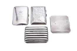 A mixed group of silver including; three Birmingham cigarette cases and a Birmingham silver compact,