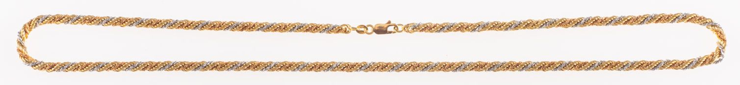 A tri-colour rope twist chain, with lobster catch, catch marked 750, jump ring marked 750, Italy,