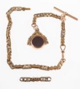 A Victorian watch chain and fob, the watch chain of fancy-links with swivel clasp and T-bar,