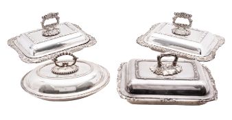 A mixed group of Sheffield Plate and silver plate including; a pair of William VI entree dishes,