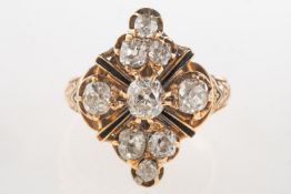 A Victorian diamond and enamel ring, of navette form set with nine old mine-cut diamonds,