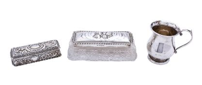 A mixed group of silver including; a silver and glass dressing table pin box by Levi & Salaman,