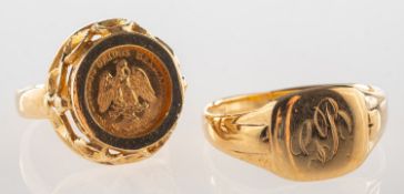 A group of two 9ct gold rings, including a 9ct gold coin openwork mounted ring,