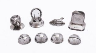 A mixed group of silver menu holders including; an Art Deco square section holder by Atkin Brothers,