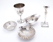 A mixed group of silver items including; a chalice cup engraved 'For the Best Bitch',