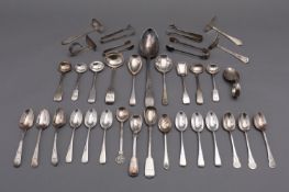 A mixed group of silver flatware including; a Bright-cut table spoon by Richard Ferris, Exeter 1792,