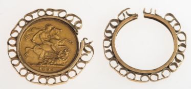 A Victoria 1894 full sovereign in mount and one other mount,
