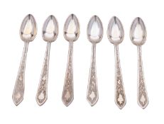 A set of mid 20th century Iranian silver coffee spoons, one marked, 10cm long, 68gs., (2.1ozs.