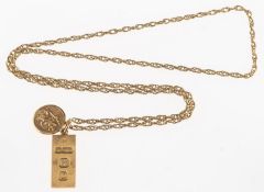A 9ct gold St. Christopher and Ingot pendant with chain, a 9ct gold St.