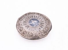 A mid 20th century Iraqi silver compact with filigree cover, un-marked, niello decoration of dhows,