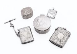 A mixed group of silver boxes including; a Elizabeth II circular pill box by W I Broadway & Co,