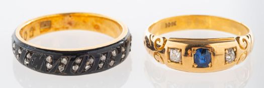 A Victorian 18ct gold memorial ring and a sapphire and diamond ring,