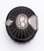 A George II tortoiseshell and silver-mounted tobacco box, not marked, of oval form,