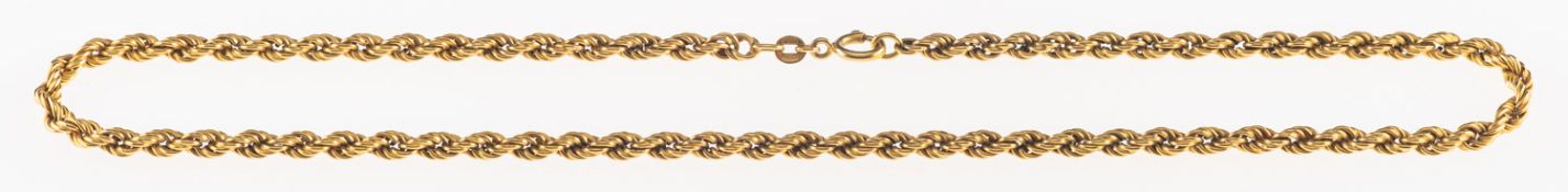 A rope twist chain, bolt ring closure, jump ring marked 750, length approx. 44.0cm, 13.3grams.