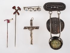 A mixed group of jewellery, including an unusual handmade brooch made up of three sections,