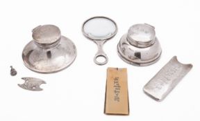 A mixed group of silver desk accessories including; a magnifier glass by Synyer & Beddoes,