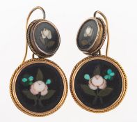 A pair of Pietra Dura drop earrings, each set with two circular panels decorated with flowers,