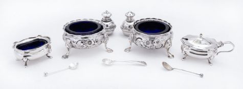 A mixed group of silver including; a pair of George II silver cauldron salts by David Field,