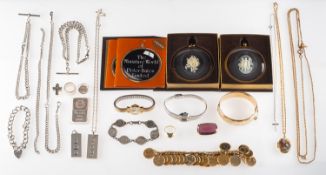 A mixed group of costume and silver jewellery, including an engraved hinged bangle, marked gold,