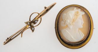 A pearl brooch and a cameo brooch, an openwork bar brooch set with seed pearls, marked 9ct,